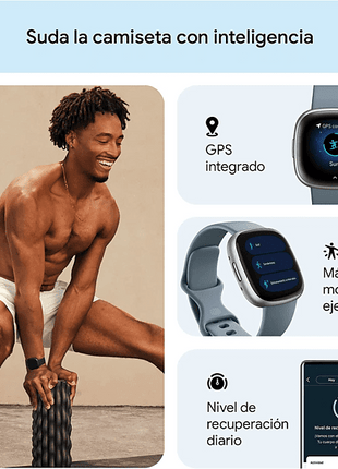 Smartwatch - Fitbit Versa 4, 1.34" FHD AMOLED, 129 - 209 mm, 5 ATM, Bluetooth 5.0, 6 días, Azul Platino