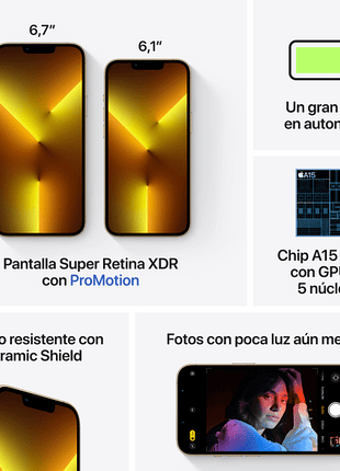 Apple iPhone 13 Pro Max, Oro, 128 GB, 5G, 6.7" OLED Super Retina XDR ProMotion, Chip A15 Bionic, iOS