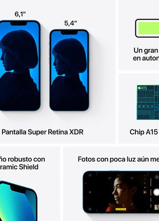 Apple iPhone 13 Mini, Azul, 256 GB, 5G, 5.4" OLED Super Retina XDR, Chip A15 Bionic, iOS, CL