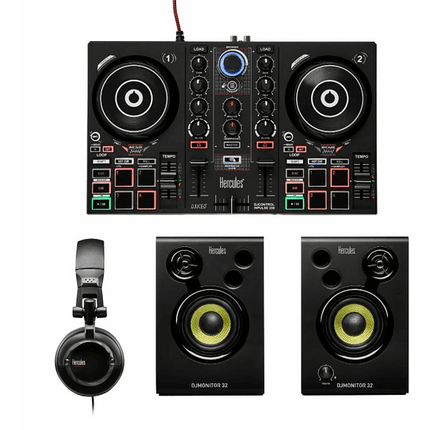 Controladora DJ - Hercules DJLearning Kit, USB, Controladora + Software + Auriculares + Altavoces, Negro