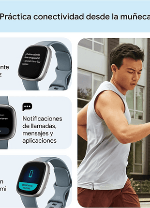 Smartwatch - Fitbit Versa 4, 1.34" FHD AMOLED, 129 - 209 mm, 5 ATM, Bluetooth 5.0, 6 días, Azul Platino