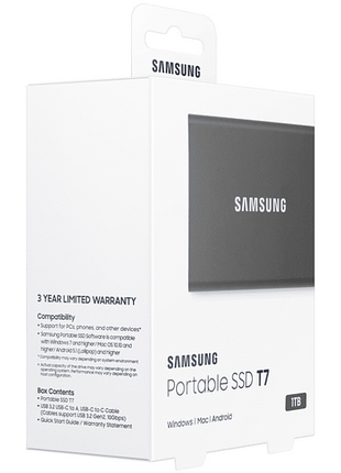 Disco duro externo 1 TB - Samsung T7 MU-PC1T0T/WW, SSD, Hasta 1050 MB/s, USB 3.2 Gen.2 (10Gbps), Gris