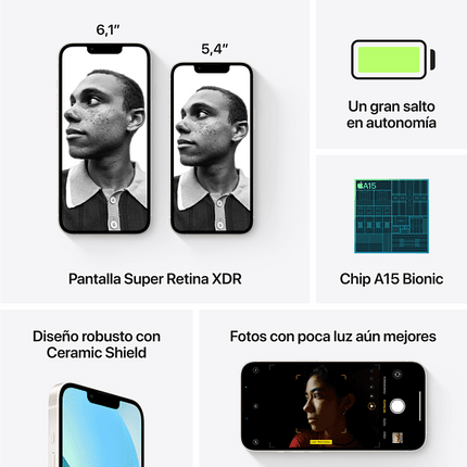 Apple iPhone 13 Mini, Blanco estrella, 256 GB, 5G, 5.4" OLED Super Retina XDR, Chip A15 Bionic, iOS