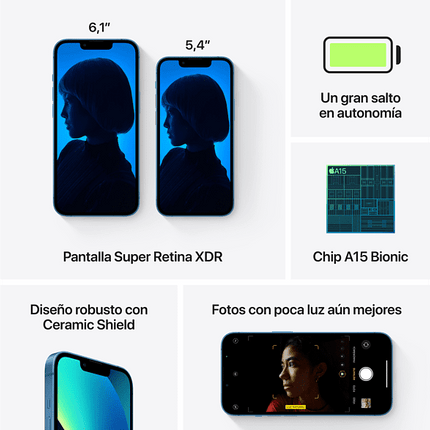 Apple iPhone 13, Azul, 256 GB, 5G, 6.1" OLED Super Retina XDR, Chip A15 Bionic, iOS, CL