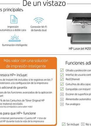 Impresora láser - HP LaserJet M209dwe, Doble cara, 29 ppm, Wi-Fi ™, Monocromo, 6 meses de impresión Instant Ink con HP+